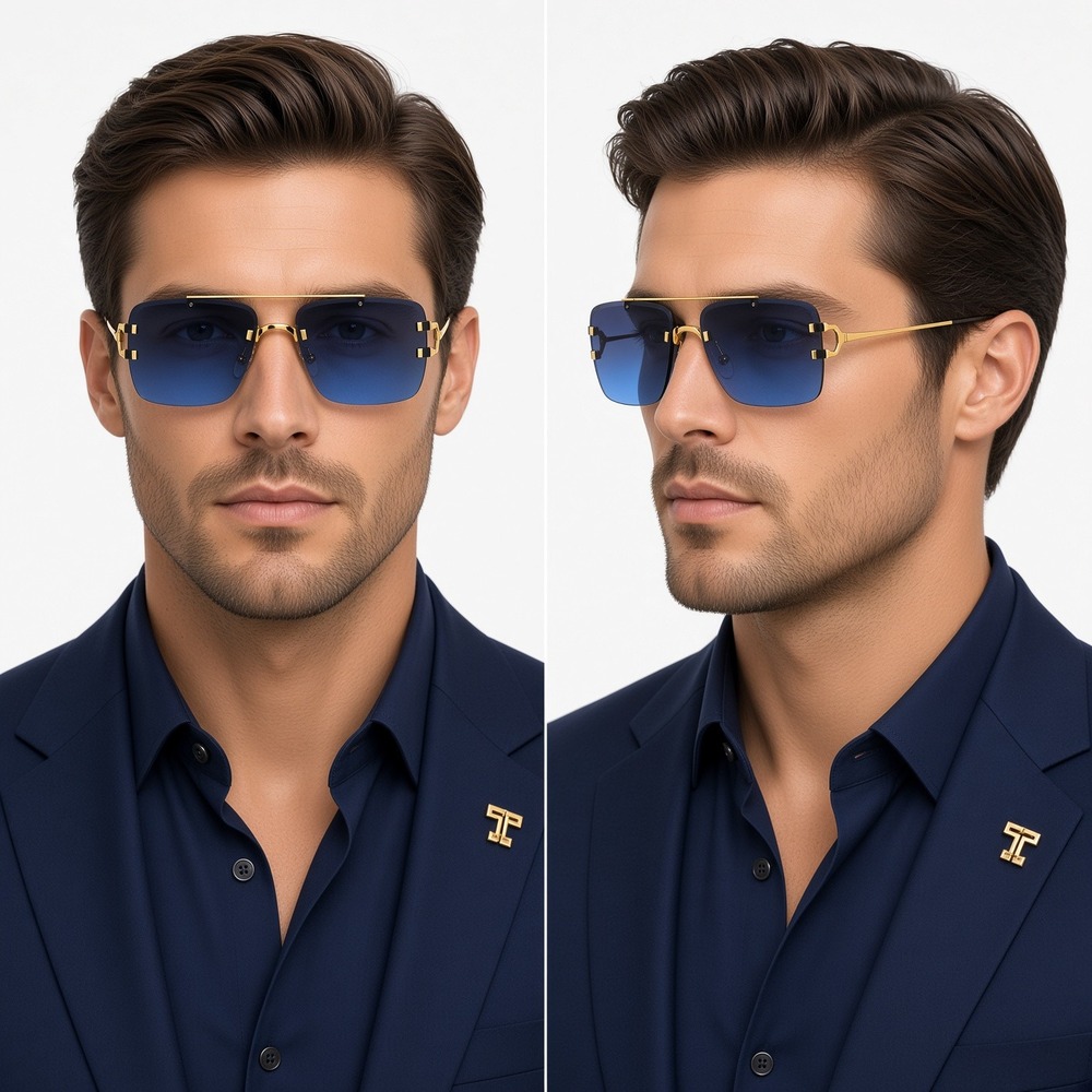 Rimless Sunglasses Men Square Blue Lens Gold Frame Fashion Shades Trendy Lentes